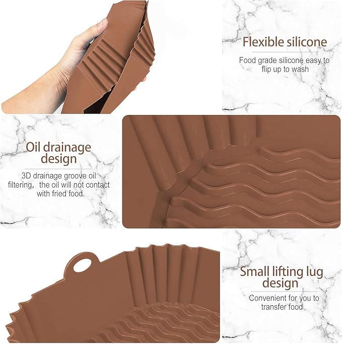 Boribim 2 PCS Square Silicone Air Fryer Liners - 8 Inch Reusable Air Fryer Pot - Air Fryer Accessories - Air Fryer Inserts for 4 to 7 QT Oven Microwave Accessories (Black + Brown)