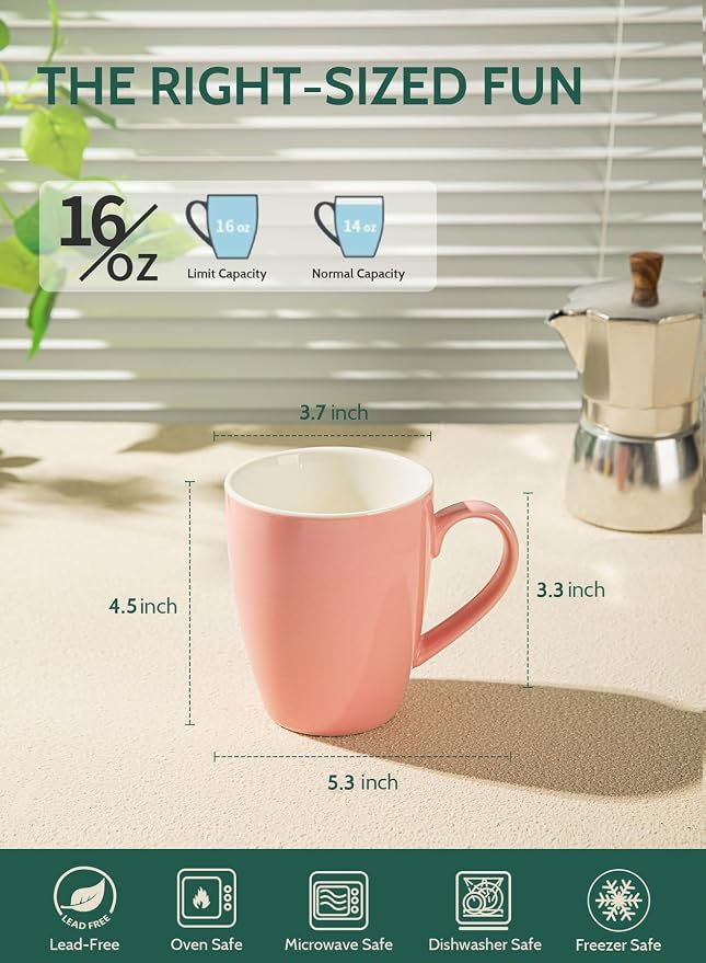Sweese Porcelain Coffee Mugs - 16 Ounce (Top to the Rim) for Coffee, Latte, Tea, Cocoa, Set of 4, Pink