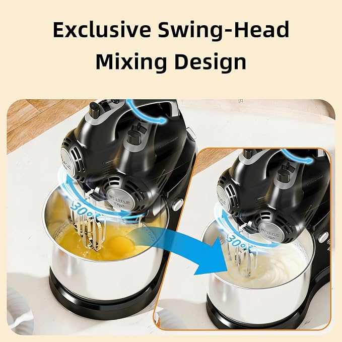 3.2QT 2-in-1 Stand Mixer, Electric Kitchen Mixer with Auto-Rotating Bowl & Tilt-Head, 5-Speed 250W Turbo Baking Machine for Beginners with Beater & Dough Hook for Cookie, Bread, Cake (Black)