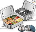2 Pack Stainless Steel Bento Box 5 Compartment Kit 50oz/1500ml Metal Bento Lunch Box Container with Handle and 2 Pcs 80ml Round Sauce Cups Leak Proof Lockable Clips for Kids or Adults