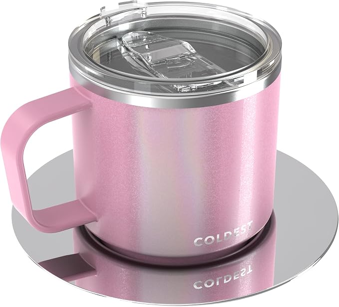 Stackable Insulated Espresso Cup with Saucer by Coldest - Insulated Triple Wall Travel Stainless Steel Travel Double Shot Espresso Coffee Mug with Sliding Lid (4 oz, Forever Pink Glitter)