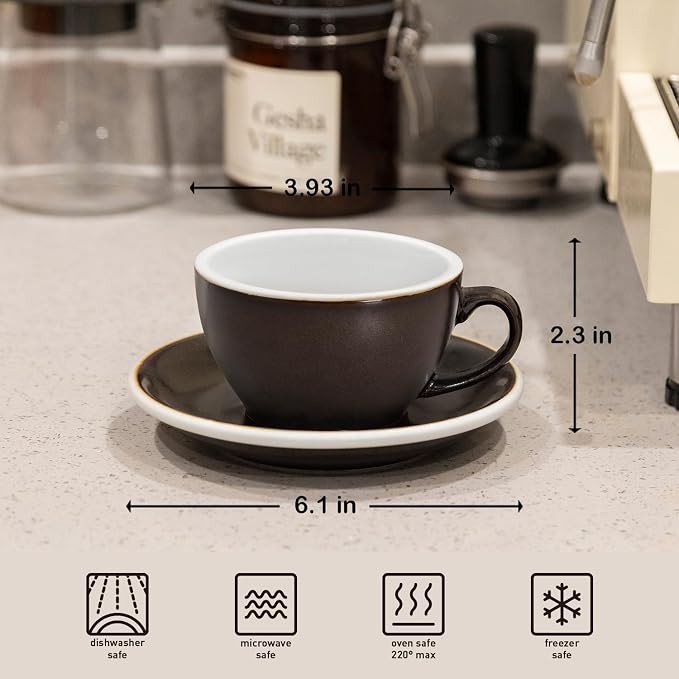Loveramics Coffee Cup Ceramic, 8 oz Latte Art Cup with Saucer for Cappuccino, Tea, Espresso, Thick - walled stoneware Cappuccino mug Set for Cafe and Barista - Potters Colours (Gunpowder, 8OZ)