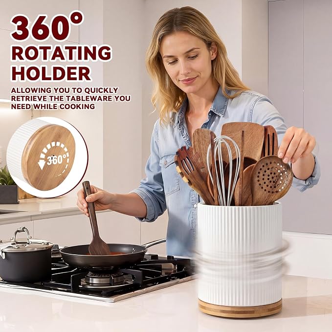 SiliFine 11 Pcs White Wooden Kitchen Utensils Set with 360° Ceramics Rotating Holder Acacia Wood Cooking Utensils with Cooking Spoons Spatulas Nonstick Cookware Countertop(White)