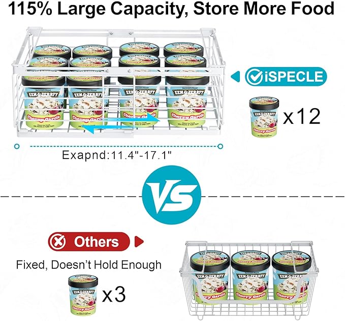 iSPECLE 4 Pack Freezer Organizer Bins - Fit 10 to 20 Cu.Ft Deep Freezer, Expandable Wire Storage Chest Freezer Baskets for Frozen Food, Stackable with Handles, White