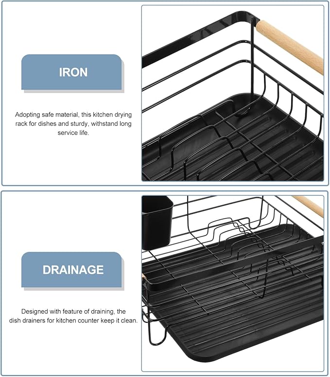 Lurrose Metal Dish Drying Rack with Drainboard and Utensil Holder, Large Capacity Kitchen Countertop Bowl and Plate Drainer Organizer Over Sink Use, Black Iron Multifunctional Storage