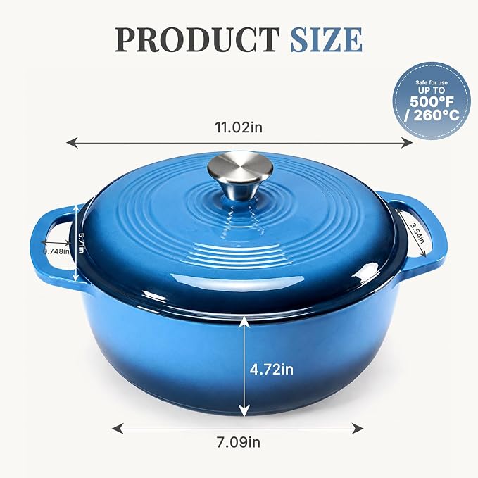 DUMOS Cast Iron Dutch Oven, 6 Quart Pot with Lid, Enameled Heavy Duty Cookware, Oven Safe to 500°F, Perfect for Bread Baking, Braising, Stews and Roasting, Moisture Sealing Lid with Dual Handles, Gradient Blue