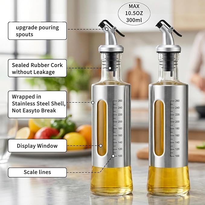 Olive Oil Dispenser for Kitchen, 4 Pack 10oz/300 ML Cooking Oil and Vinegar Dispenser Set with 20 Labels Stainless Steel Funnel, Olive Oil Bottle, Soy Sauce Dispenser, Coffee Syrup Bottles