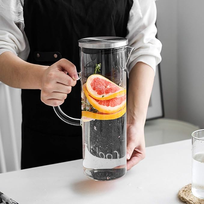Water Pitcher Borosilicate Glass Pitcher with Stainless Steel Filter Cover Transparent Glass Teapot for Homemade Iced Tea and Juice-1800ml Ice Tea Pitchers