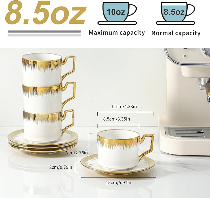 LETAOTAO Cappuccino Cups with Saucers, 8.5 oz Stackable Ceramic Coffee Cup and Saucer with Gold Trim, Turkish Coffee Cups Set for Double Espresso, Tea Cups Set of 6, White
