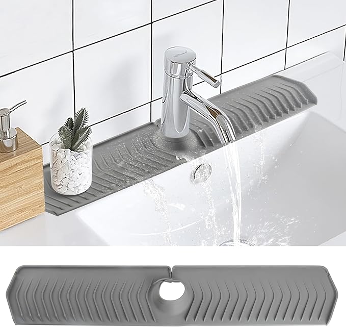 ElmRidge Upgraded 30 inch Farm Sink Splash Guard with Faucet Handle Drip Catcher Tray-Large Size Silicone Sink Faucet Mat for Extra Long and Thick Design Faucet Splash Guard for Kitchen Sink Gray