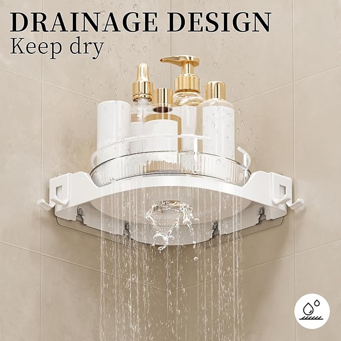 360°Rotating Corner Shower Caddy(2-Pack), No-Drill Adhesive Shower Shelf Organizer with Hooks, Lazy Susan Bathroom Storage for Bathtub, Shower Corner & Kitchen Sink, Space Saving Bathroom Organizer