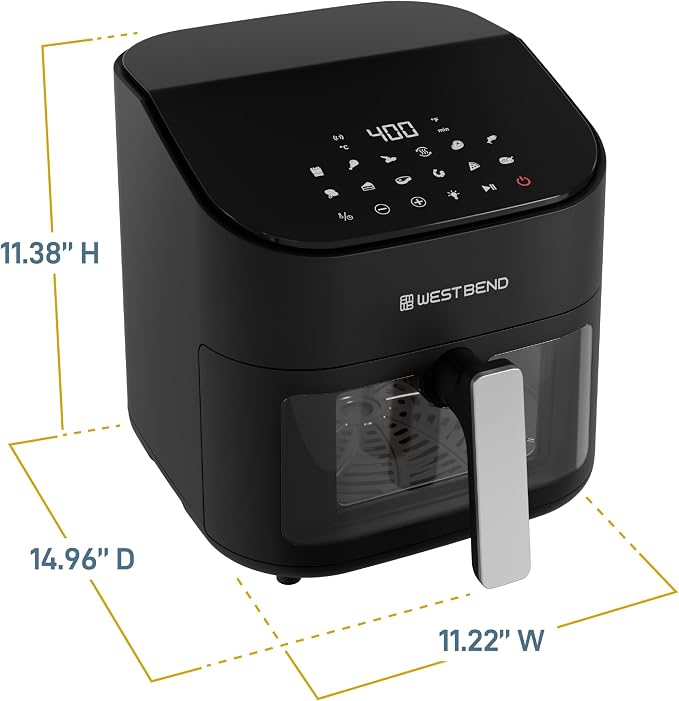 West Bend Digital Air Fryer 7 Qt with One-Touch Presets, Shake Reminder for Even Cooking, Fast 1600W Heating, Nonstick Easy-Clean Basket, in Black/Silver