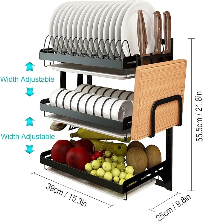 Wall Mounted Stainless Steel Dish Drying Rack Fruit Vegetable Storage Basket with Drainboard and Hanging Chopsticks Cage Knife Holder Kitchen Supplies Shelf Utensils Organizer (3-Tier)