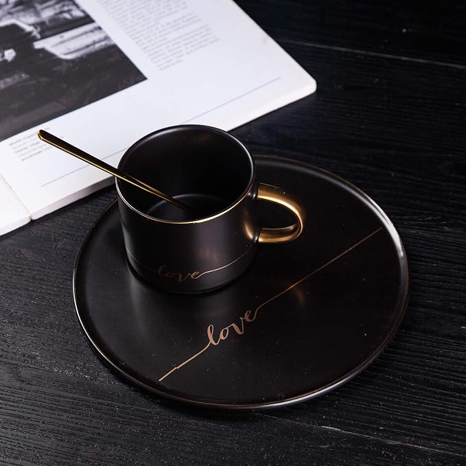 TJ Gobal Porcelain Coffee Mug, Tea Cup with Saucer and Golden Spoon with Gold Scripted Love and Trim for coffee, Hot Chocolate, Cappuccino, and Latte, 8 Oz. (Black)