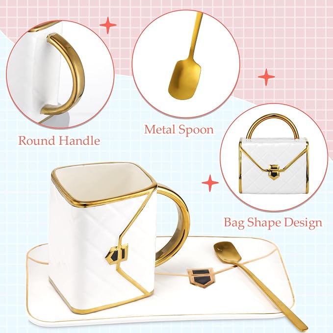 Sliner Set of 4 Handbag Coffee Mug Purse Tea Cup Set, Ceramic 10 Oz/ 310 ml, Handbag Shaped Mug with Saucer Spoon for Women Office Home Holiday Christmas Thanksgiving Christmas Gifs(Classic)