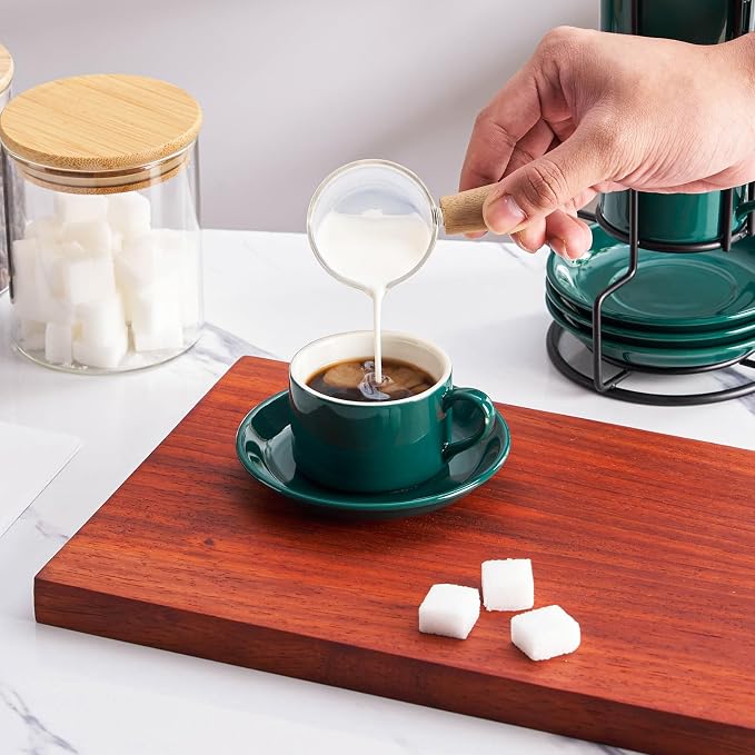 Espresso Cups Set of 4, 4oz Stackable Coffee Cups with Saucers and Metal Stand, Green Demitasse Cups, Expresso Shots Cup Set