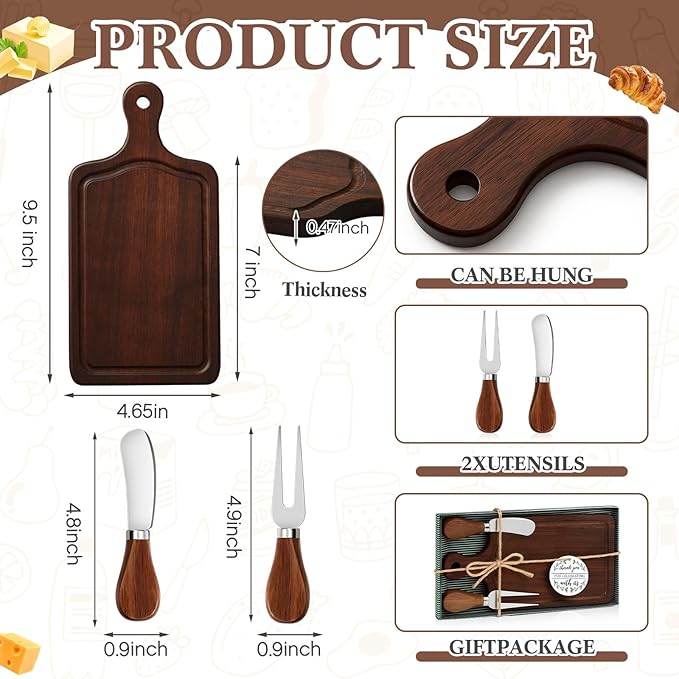 Ziliny 1 Set Bridal Baby Shower Cheese Prizes Wooden Square Board Gift Set Knives Forks Thank You Tags with Box for Guests for Valentines Bridal Baby Shower Housewarming (Walnut Wood)