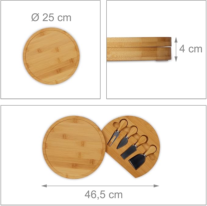 Relaxdays Cheese Board with Cheese Knife Set, HD 4 x 33 cm, Swivel Cheese Plate, 4 Piece Cheese Cutlery, Bamboo & Stainless Steel, Natural