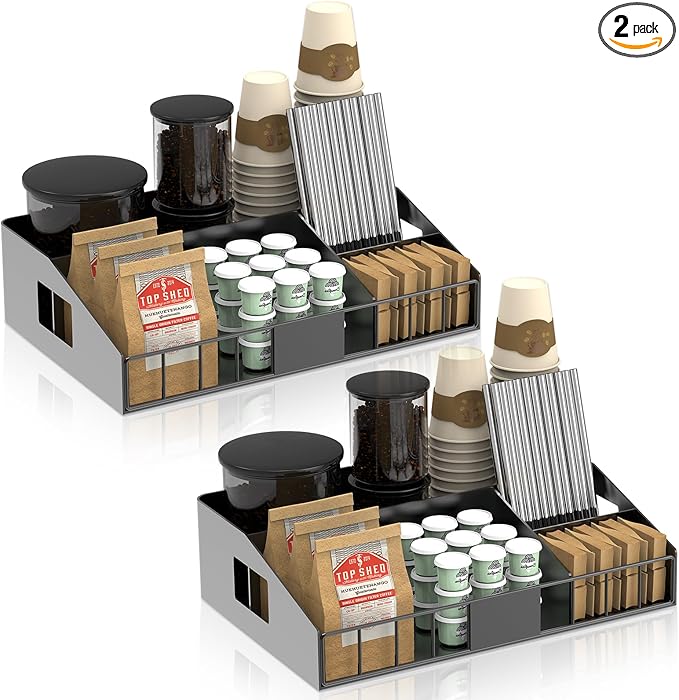 Metal Coffee Station Organizer for Countertop, 2-Pcs Coffee Bar Organizer with Designable DIY Logo, K Cup Pods Holder & Tea Condiment Storage - Rustic Breakroom Kitchen Decor Balck