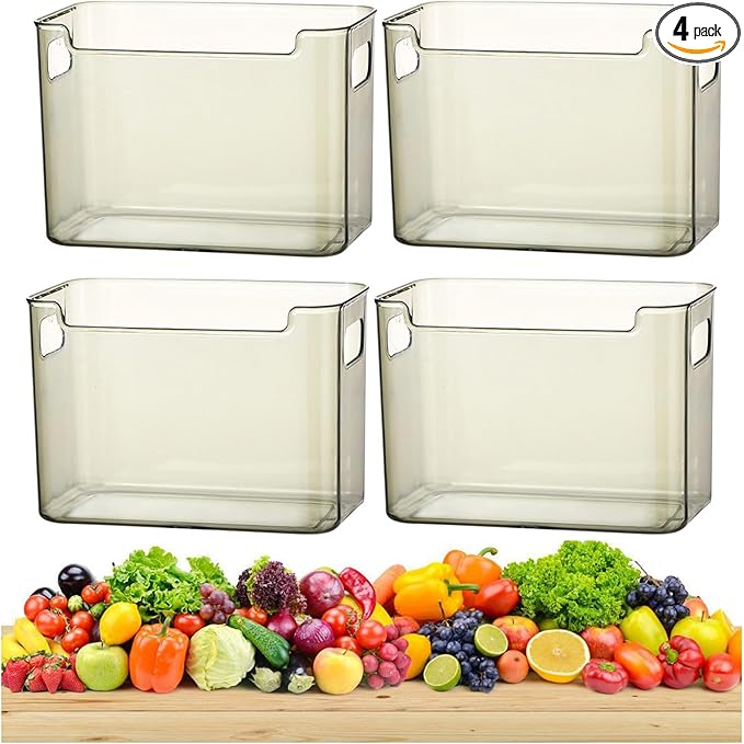 2/4/6/8 Pcs Crystal Clear Freezer Storage Bins, Freezer Organizer Bins, Clear Plastic Bins, Stackable Kitchen Cabinet Organizer with Handles for Frozen Food, Meat & Veggies (4, Green, L)