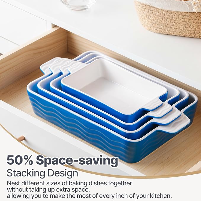 Estmoon Ceramic Baking Pan with Handles, Porcelain Baking Pans Set of 4, Oven Safe and Durable Baking Dishes Rectangular Baking Sheets for Wedding Gifts, Cooking, Blue(7.5''/9"/10.6"/12")