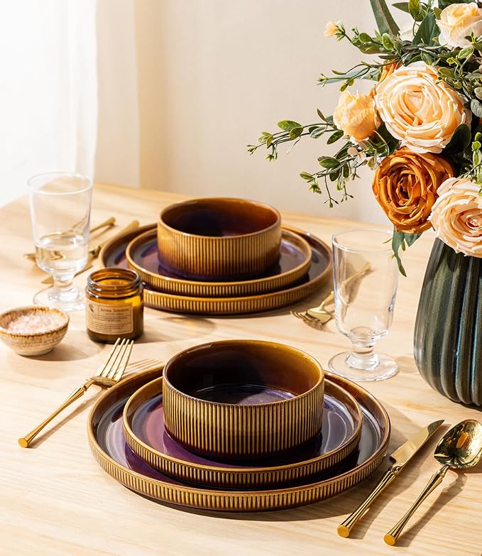 TheTerra Ceramic Dinnerware Sets for 8, 24 Pieces Porcelain Lightweight Plates and Bowls Sets, Scratch Resistant Dish Set, Oven & Microwave & Dishwasher Safe, Amber Amethyst