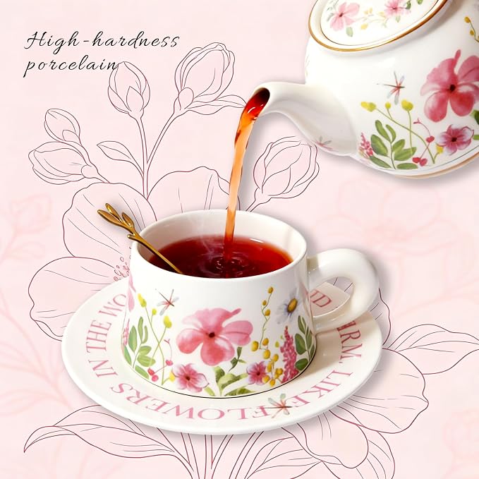 Tea Cup Set With 2 Tea Cups 2 Saucers And 2 Spoon 9.5 OZ Espresso Coffee Mug Vintage Creativetea Teacup And Saucer Set For Coffee,Tea,Latte, Cappuccino
