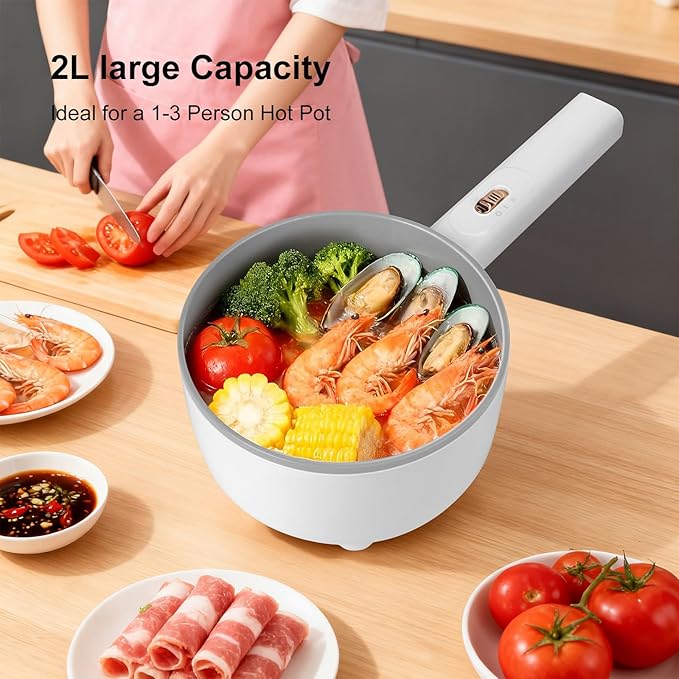 Electric Hot Pot 2L, 700W Portable Multi-Purpose Cooker with Dual Power Control, Non-Stick Pot for Noodles, Steak, Eggs, Ramen, Oatmeal, and More