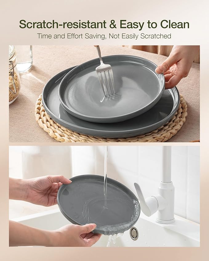 Famiware Milkyway Stoneware Dinnerware Sets with Pasta Bowls, Service for 4 (16 Pieces), Plates and Bowls Sets -Scratch Resistant, Microwave and Dishwasher Safe Dishes Set, Dark Gray