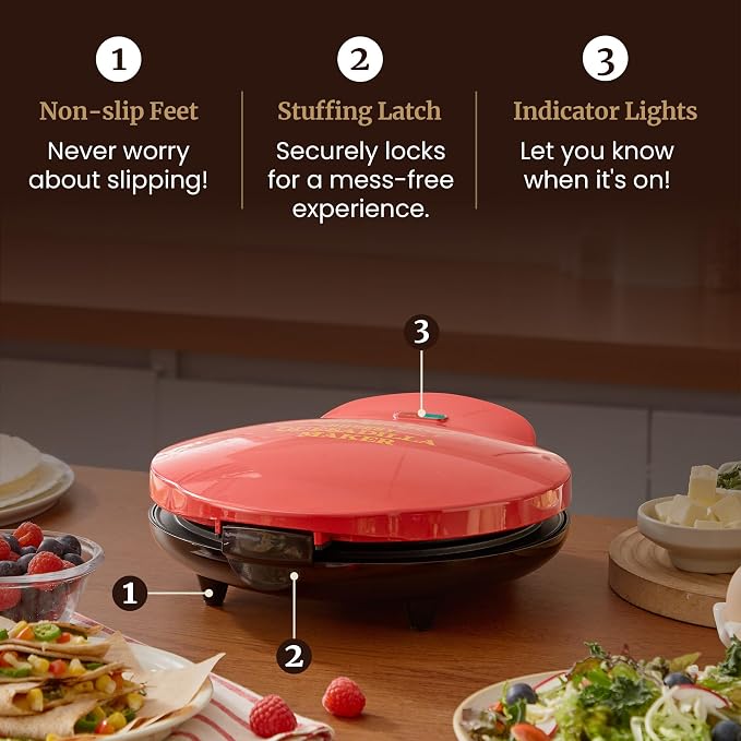 Elite Gourmet 10.65" Cheesy Quesadilla Maker, 2-Position Locking Latch For Extra Stuffing, Easy-Slice 6-Wedge, Red