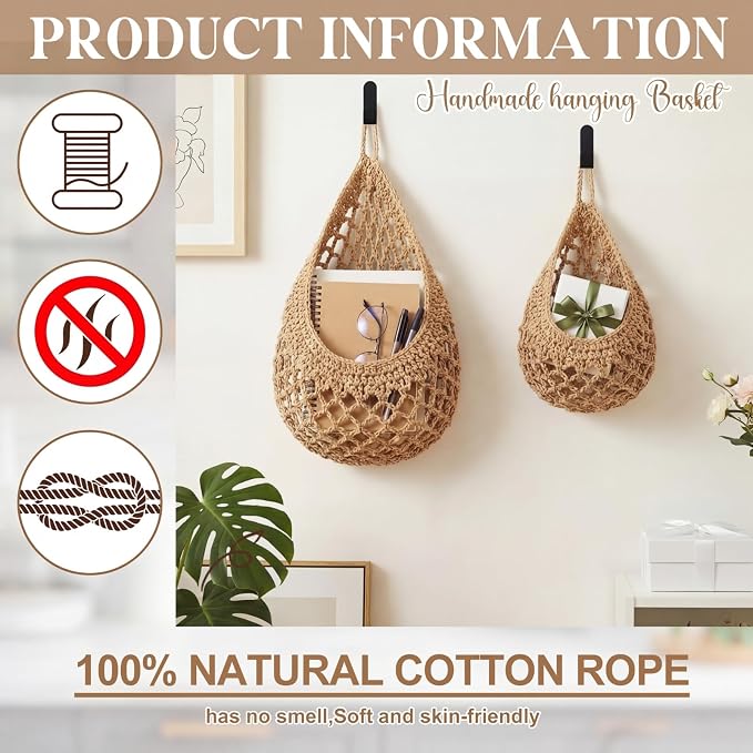 Honeydak Boho Decor Hanging Wall Baskets for Kitchen 3 Pack Teardrop Baskets with Hooks Storage Fruit Onion Vegetable Potato for Home 3 Sizes(Light Linen,Crochet,Cotton Rope)