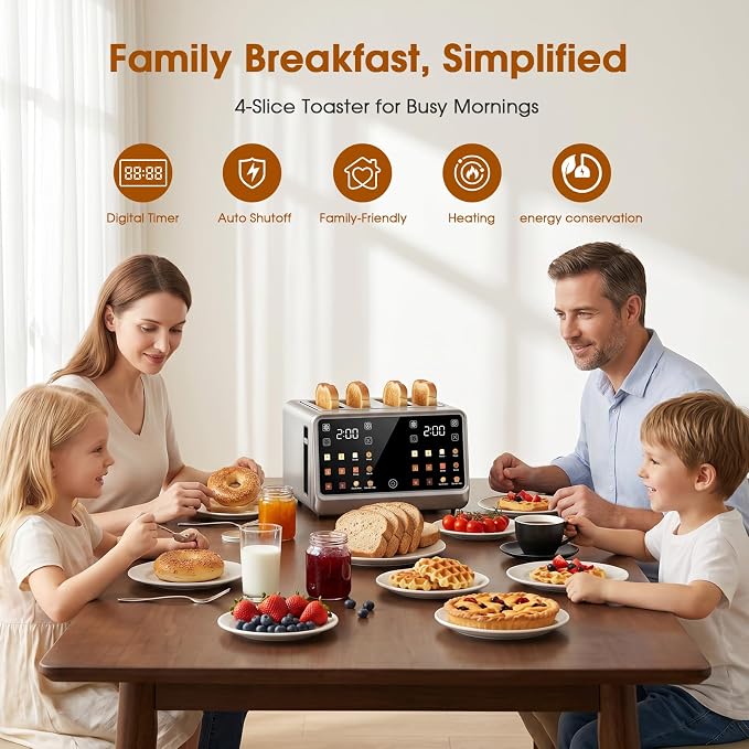 4 Slice Toaster with Dual Touchscreen, 1800W Stainless Steel Dual Zone Independent Control Extra Wide Slot 1.5 Inch, Smart BreadID Timer for Bagel Waffle, Kitchen Essentials