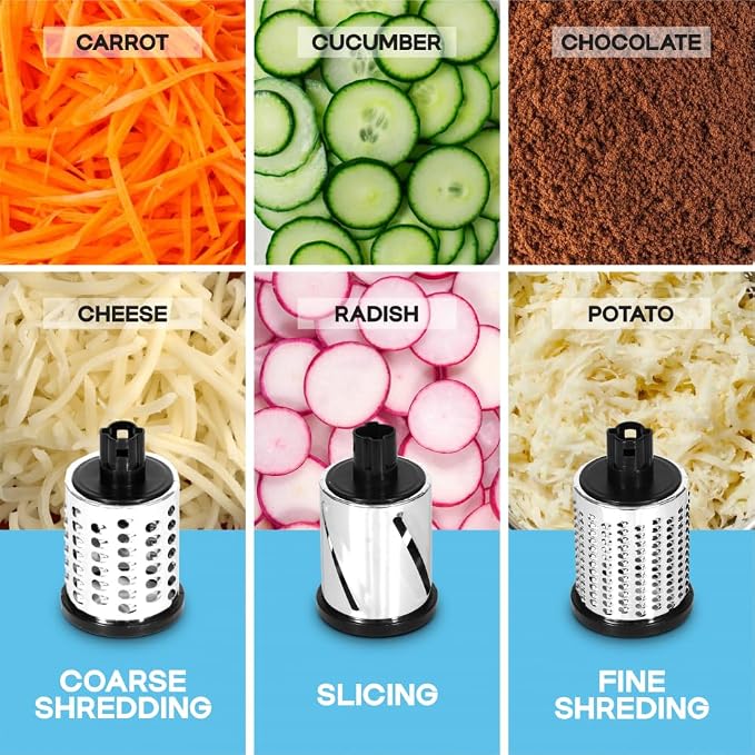 Courant cheese grater hand crank manual, cheese shredder, High Grade steel housing-Vegetable Slicer salad shooter & vegetable shredder Rotary Grater Slicer for, Nuts, with 3 Interchangeable Blades