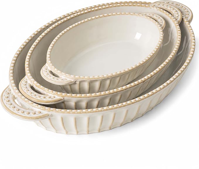 Casserole Dish for Oven, Ceramic Baking Dishes Set, Oval Hobnail Bakeware Set of 3, 9.25"/12.28"/14.37" Baking Dishes with Handle, Deep Lasagna Pan for Roasting, Holiday Dinner, Wedding Gifts, Arctic White