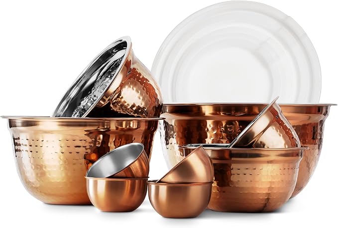 COOK WITH COLOR 18 Piece Mixing Bowls Set with Airtight Lids, Handcrafted Stainless Steel Bowls, Food Storage Containers, Meal Prep, Nesting Salad Bowls For Cooking, Baking, Kitchen, Copper - Hammered