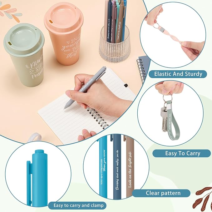 Skylety 12 Sets/48 Pcs Employee Appreciation Gifts 16oz Inspirational Plastic Cups Spiral Notebooks Ballpoint Pens Keychains Bulk Thank You Cup for Employee Coworker (Light Morandi)