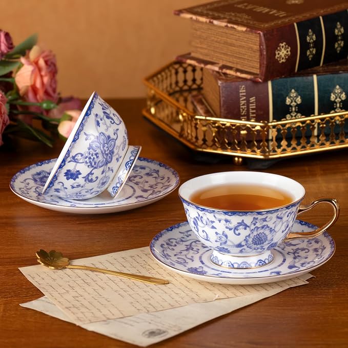 KAMMAK Tea Cups and Saucers Set of 2, Porcelain Coffee Cups, Stackable Espresso Mugs, Ceramic Demitasse for Coffee, Cappuccino, Latte, Americano, Tea, Enamel - Blue