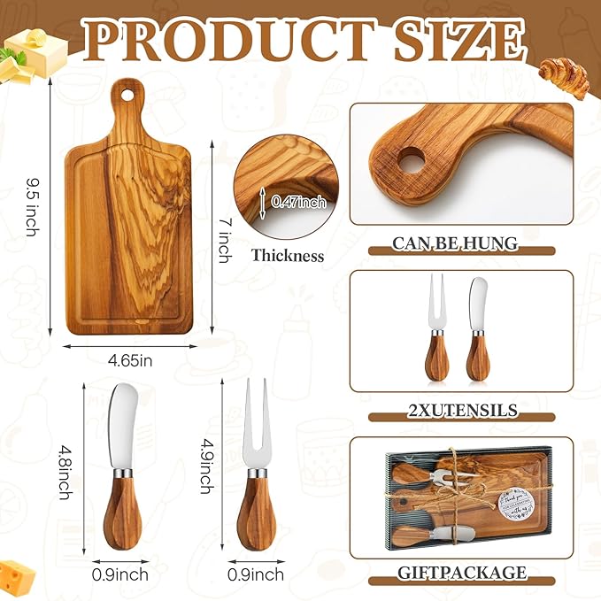 Ziliny 1 Set Bridal Baby Shower Cheese Prizes Wooden Square Board Gift Set Knives Forks Thank You Tags with Box for Guests for Valentines Bridal Baby Shower Housewarming (Olive Wood)