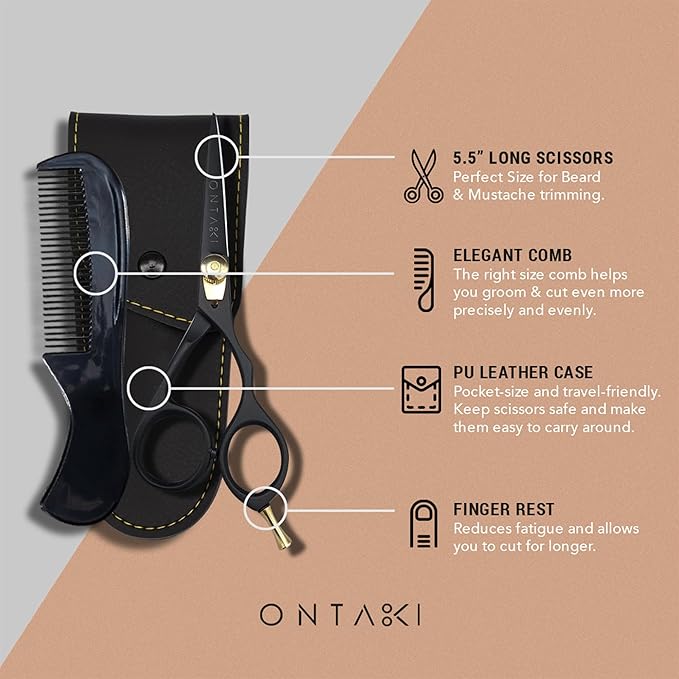 Ontaki Beard & Mustache Scissors for Men - 5.5" Japanese Steel, Black - Precision Sharp Blades, Ergonomic Finger Rest & Adjustable Tension Screw for Perfect Trimming - Beard Scissors for Men