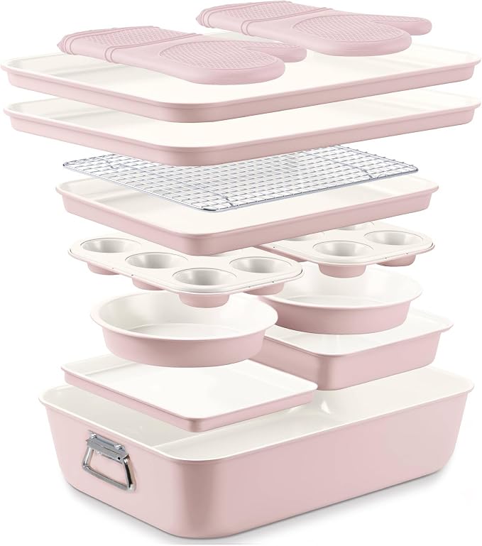 Country Kitchen Nonstick Stackable Bakeware Set - Deluxe Heavy Duty, Durable, Easy Release Baking Set, Pink, 13 Pcs with Handles