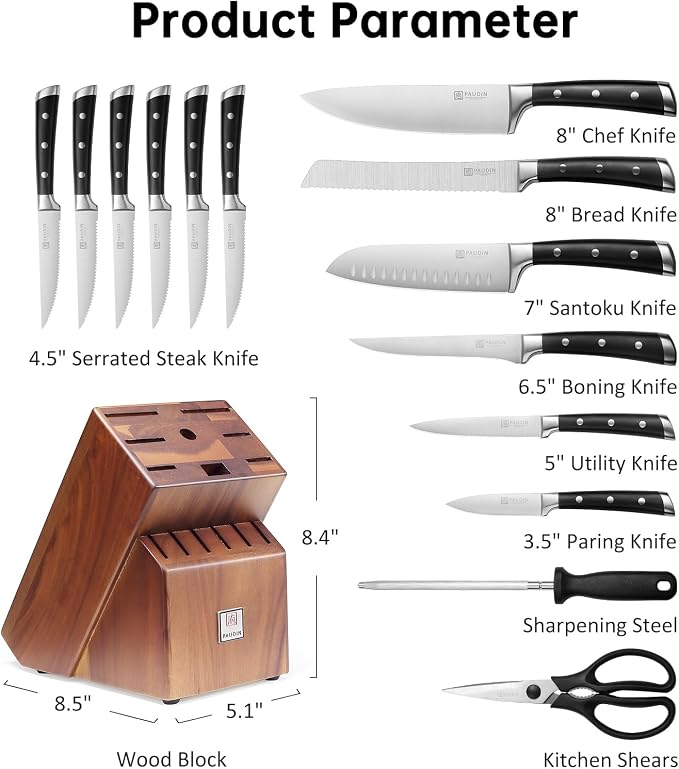 PAUDIN Knife Block Set, 15 Pieces Knife Set with Block, High Carbon Stainless Steel Kitchen Knife Set with Sharpener, Knives Set for Kitchen with Full Tang Triple Rivet Handle