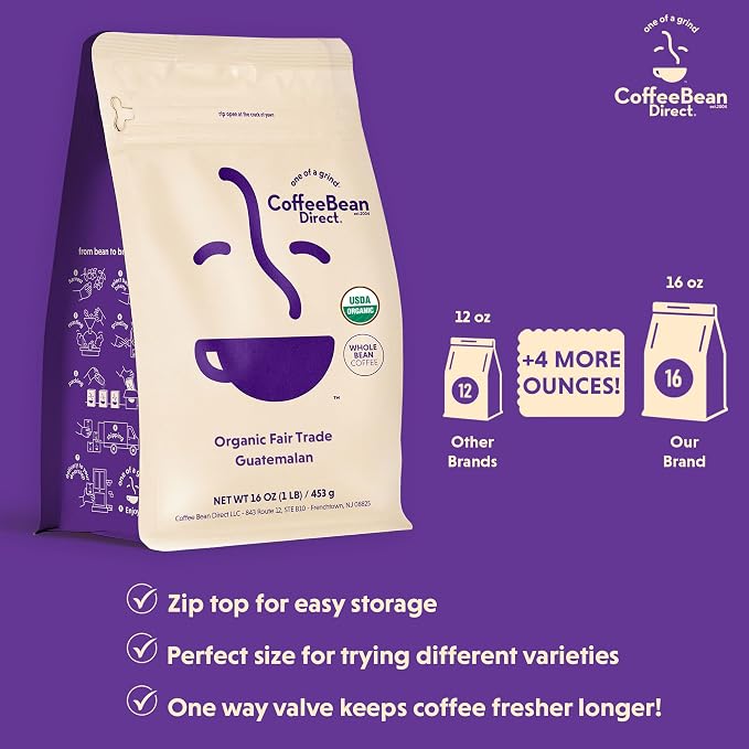 Coffee Bean Direct Organic Fair Trade Guatemalan, Whole Bean Coffee, Arabica Coffee, Light Roast, 1 Pound Bag (Pack of 1)