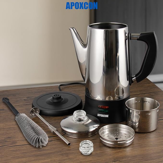APOXCON Electric Coffee Percolator Stainless Steel Coffee Maker with Clear Brew Progress Tough Glass Knob, Keep Warm & Cordless Serve Classic Coffee Pot - No Aluminum No Plastic Contact (12 Cup)