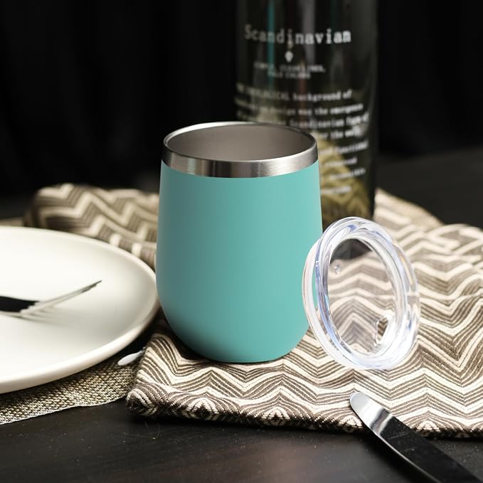 DOMICARE Stainless Steel Wine Tumbler Bulk with Lid, Personalized Insulated Tumblers Set, 12oz Travel Coffee Cups Pack of 8, Light Blue