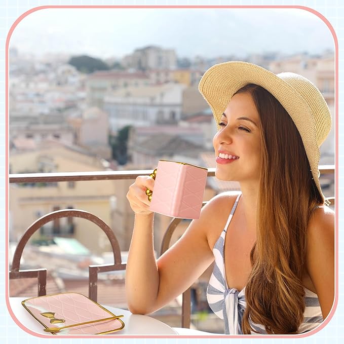 Nitial 2 Sets Mug and Saucer Set Handbag Shaped Ceramic Tea Cup with Saucer Spoon 10 oz/ 310 ml Purse Gift Mug for Office Home Coffee (Pink, Blue)