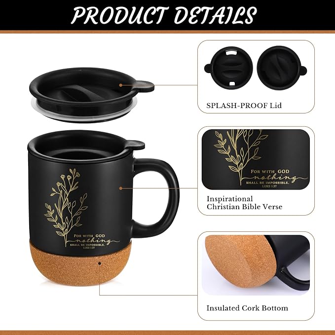 FillTouch 12 Pcs Christian Mug Gifts Bulk 15oz Religious Cup Cork Bottom Coffee Mug with Verse Inspirational Gift for Women Men Pastor Church Group Bible Study Member(Black,Flower)