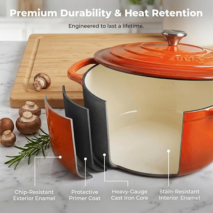 Zulay Kitchen 5 Quart Enameled Cast Iron Dutch Oven Pot with Lid – Premium Durability & Oven Safe up to 500°F – Heavy Duty Cookware Perfect for Bread Baking, Stews, Braising & Roasting – Orange