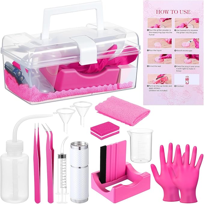 LemonRoad 15 Pcs Snow Globe DIY Tumbler Tool Kit Include Storage Box Squeeze Bottle Funnel Silicone Cup Cradle Measuring Cup Flashlight for Beginner Making Supplies Thanksgiving Day Gifts (Hot Pink)