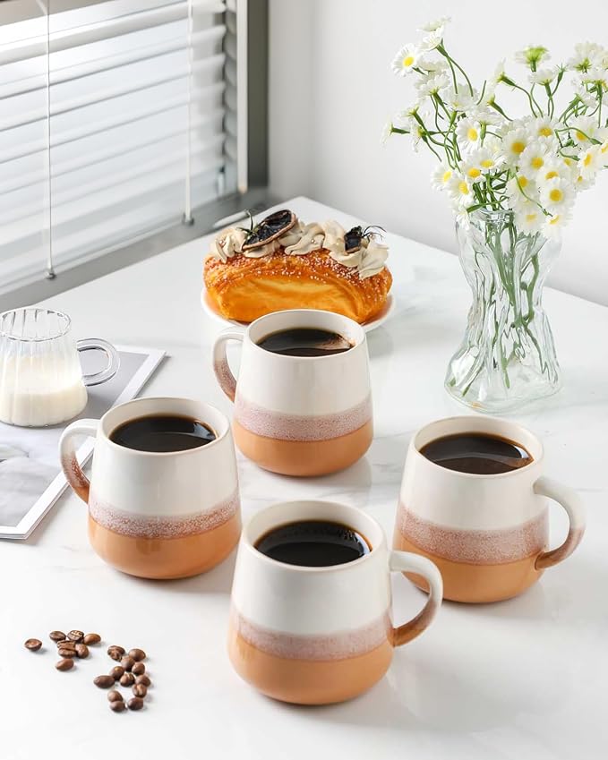 Coffee Mugs Set of 4, Ceramic Tea Coffee Cups with Handle, 14 OZ Large Porcelain Mug for Americano, Latte, Cappuccino, Hot Chocolate, Glazed and Brown