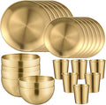 Jinei 24 Pcs 304 Stainless Steel Dinner Set Include 7 Inch 10 Inch Stainless Steel Plates, Bowls and Cups, Reusable Metal Utensils Dinnerware for Home Outdoor Picnic Kitchen (Gold)